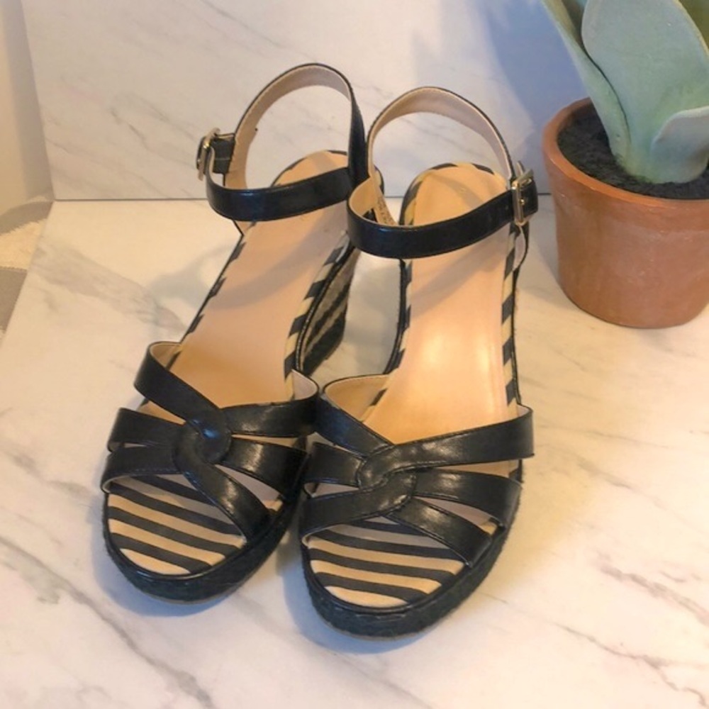 LANDS’ END-Black & Tan Striped Espadrille Wedge Heels- Size 8